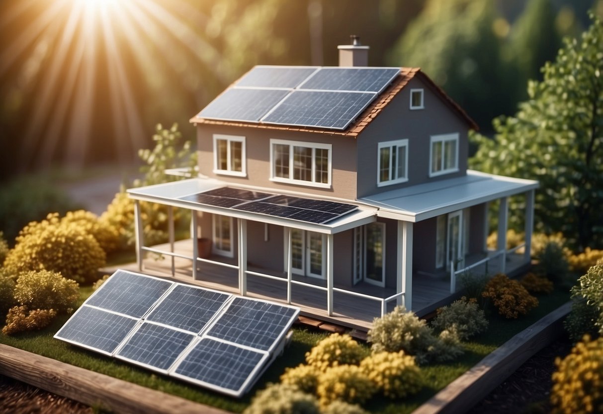 A house with solar panels on the roof, LED light bulbs, weather-stripping on doors and windows, and a smart thermostat