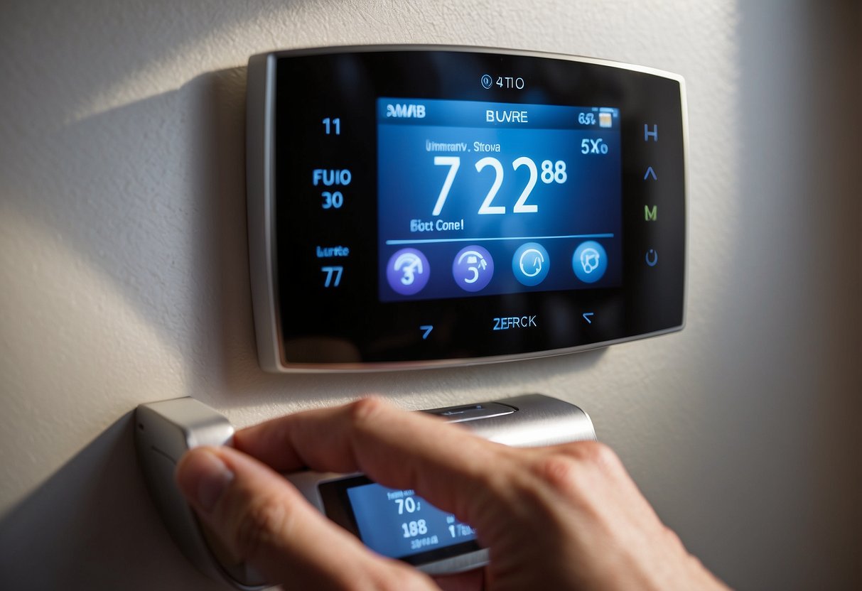 A hand adjusts a smart thermostat on a wall. Sunlight streams through a window, illuminating the energy-efficient home upgrades