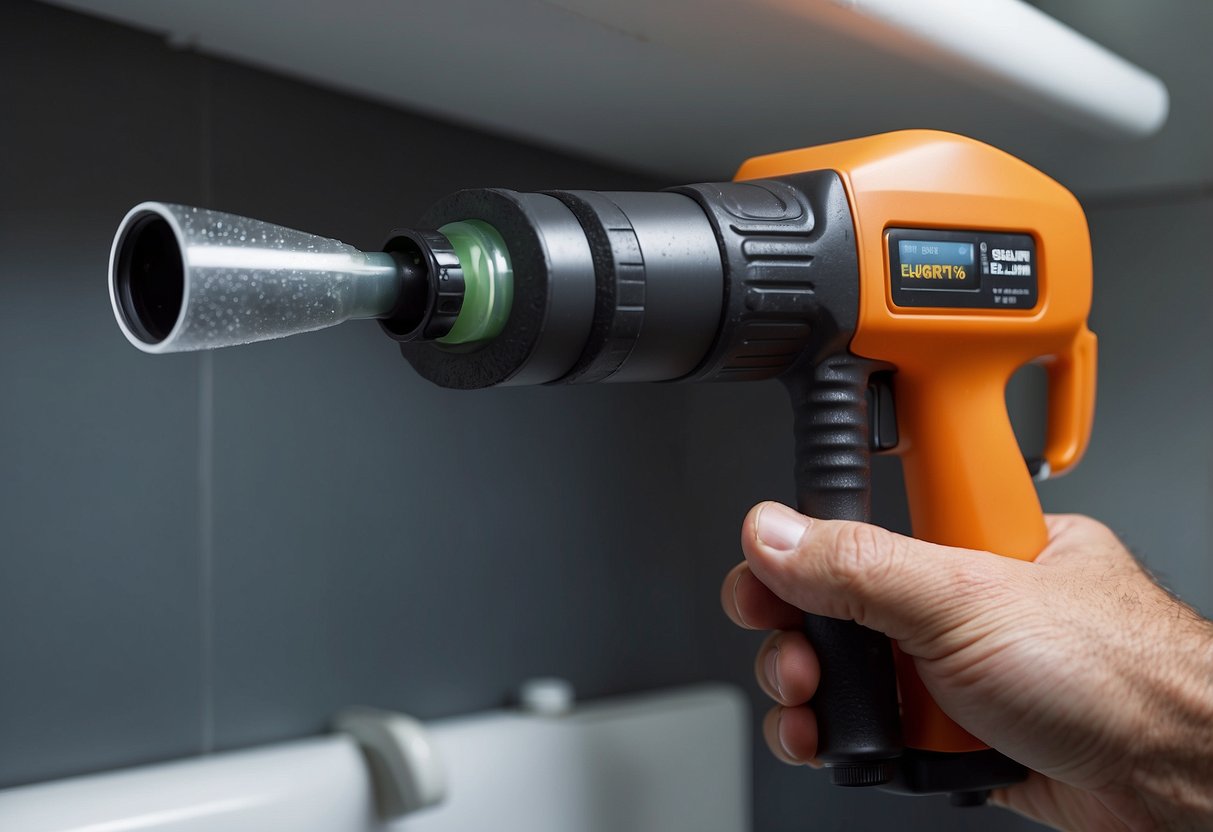 A sealant gun applies sealant to ductwork in a well-lit, clean utility room of a modern home. The homeowner's hand holds the gun, sealing the joints for energy efficiency