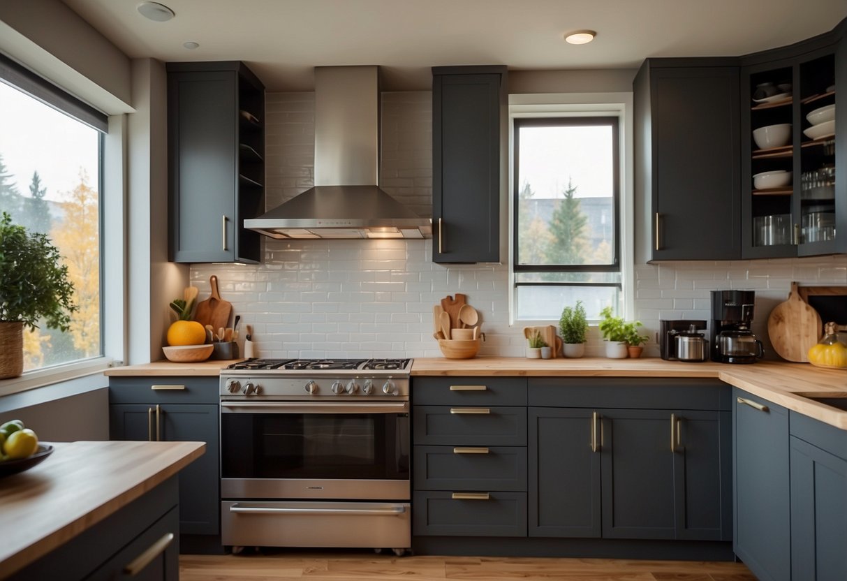 A modern kitchen with new energy-efficient appliances, LED lighting, and smart thermostat. Efficient home upgrades like insulation and weatherstripping