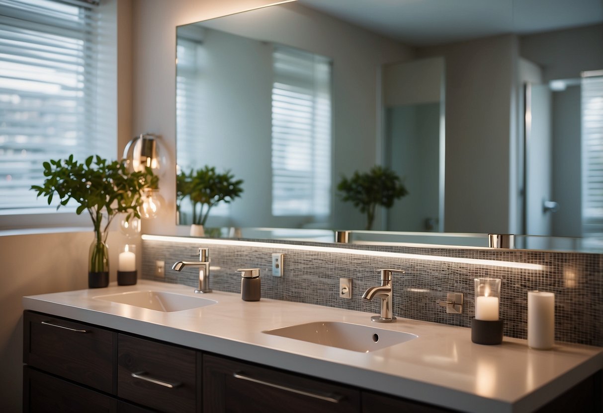 A modern bathroom with low-flow fixtures, LED lighting, and a smart thermostat. Energy-efficient upgrades are installed throughout the home