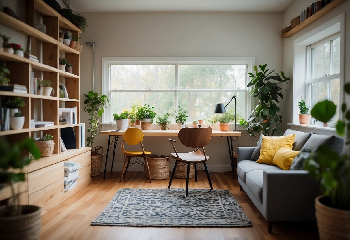 A cozy living room with a fresh coat of paint, new curtains, and a DIY bookshelf. A bright, organized workspace with a handmade desk and personalized decor. Outdoor space transformed with a DIY garden bed and custom patio furniture