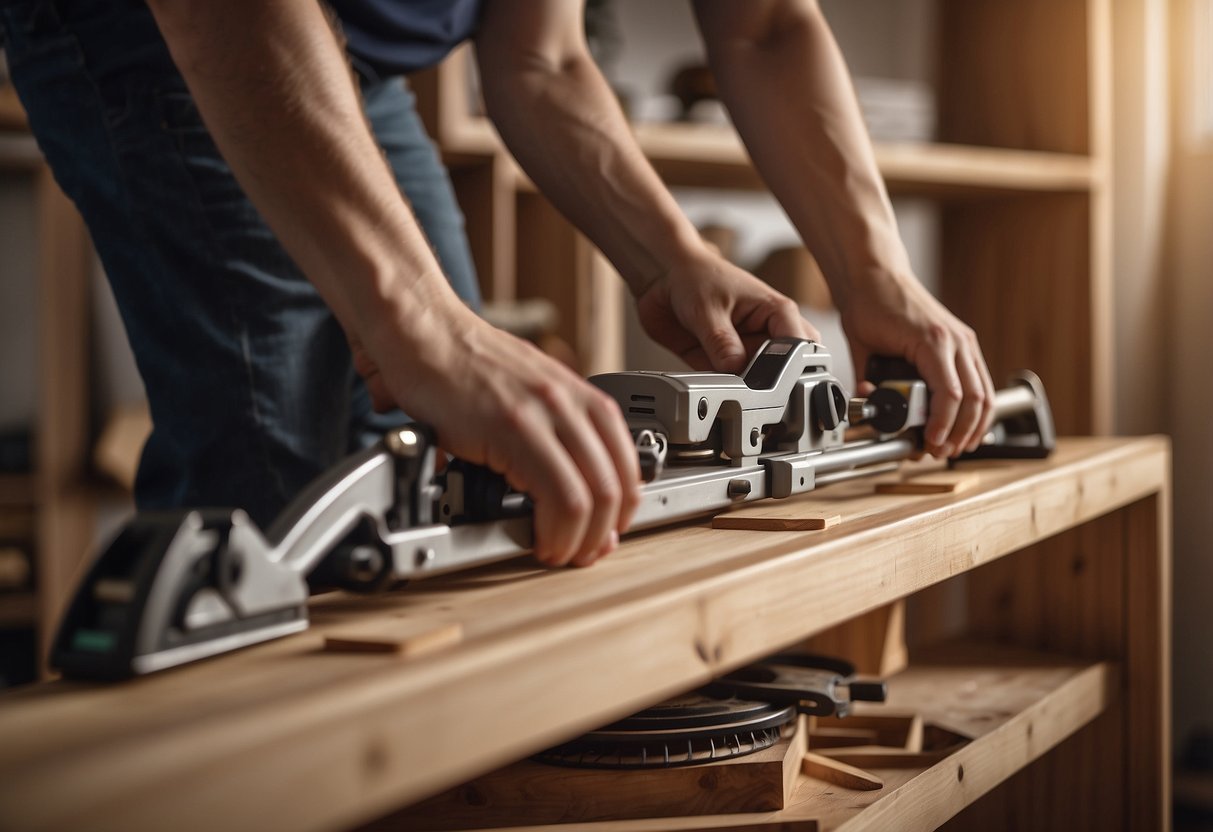 A person assembles a bookshelf using tools and wood, following step-by-step instructions from a DIY home improvement guide