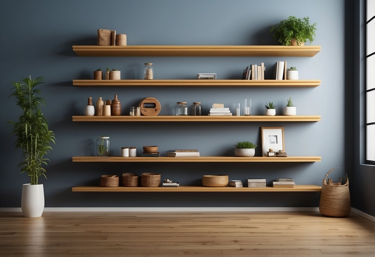 Floating shelves being installed on a wall, tools and materials scattered around, a step-by-step guide visible nearby