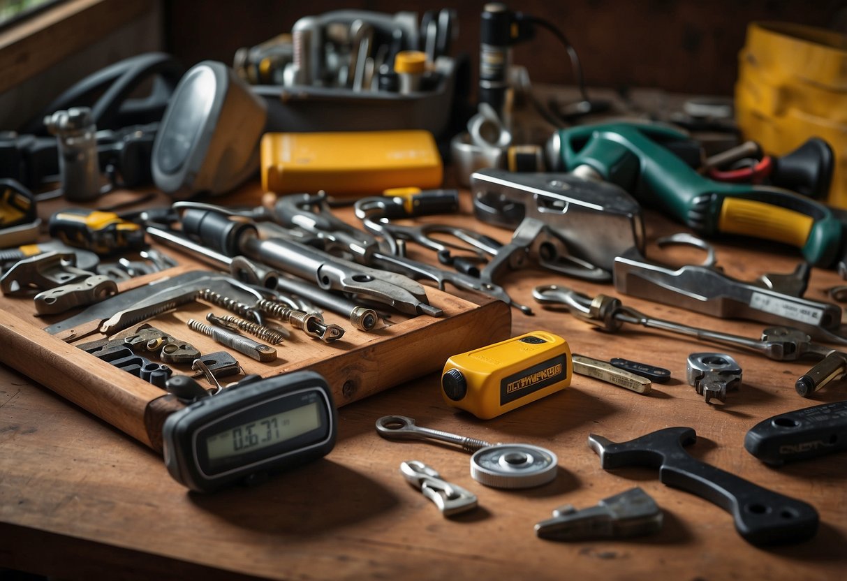 A cluttered workbench with various tools including a hammer, screwdriver, wrench, tape measure, and power drill. A toolbox sits open nearby, filled with additional tools and supplies