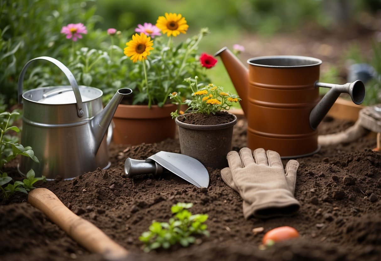 A wooden garden bed frame sits on fresh soil, surrounded by gardening tools and seed packets. A watering can and gloves rest nearby