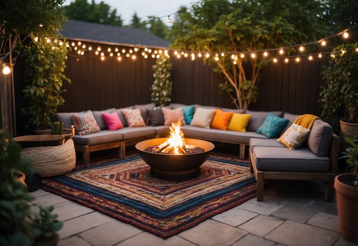 A small patio with string lights, comfy seating, potted plants, and a colorful outdoor rug. A cozy fire pit in the center, surrounded by cushions and blankets