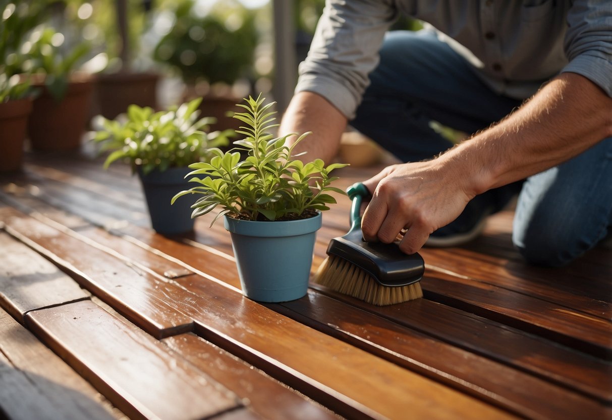 A person staining a wooden deck with a brush and can of stain, surrounded by potted plants and outdoor furniture