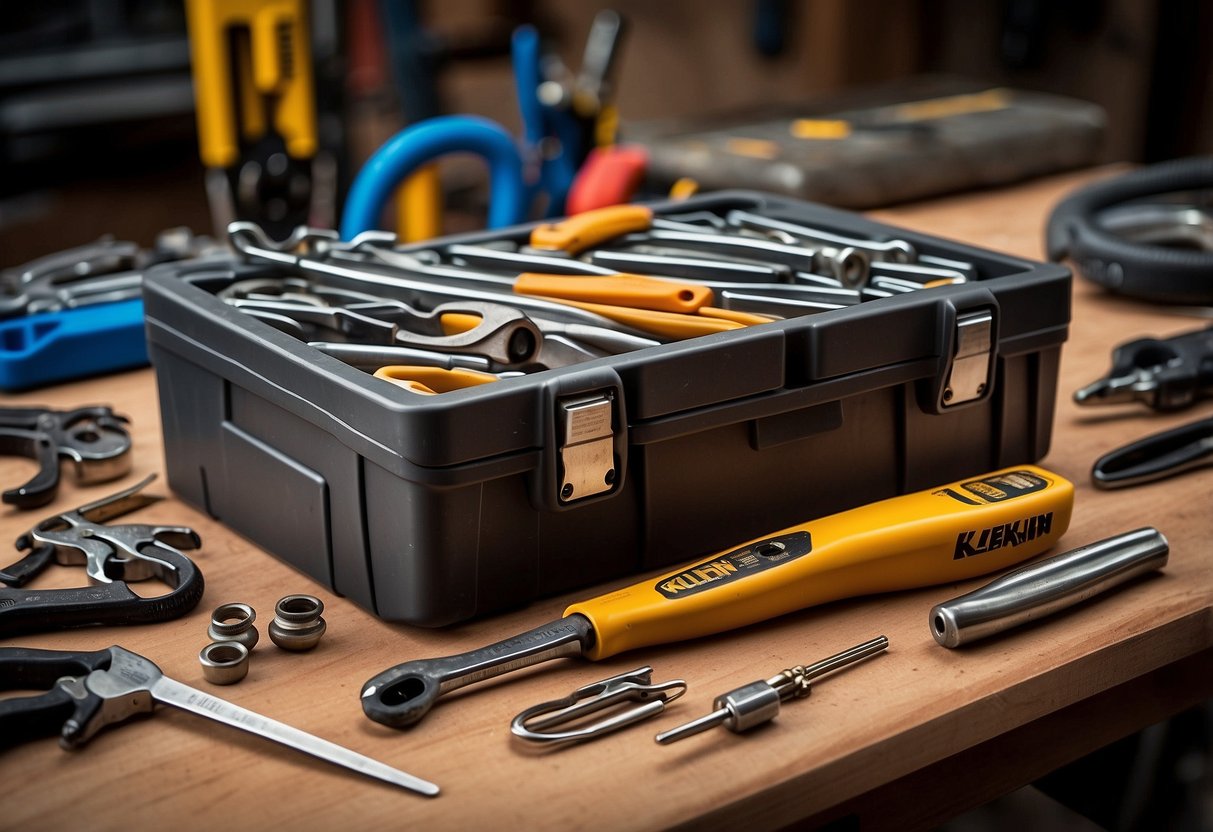 A toolbox filled with Klein Tools 80020 set, including pliers, screwdrivers, and wrenches, arranged neatly on a workbench