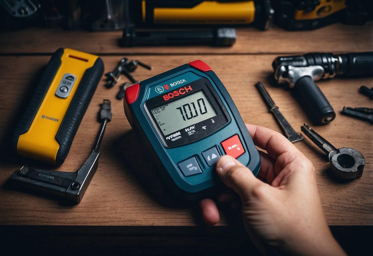 A hand holding a Bosch GLM 20 Compact Laser Measure, surrounded by various DIY tools in a toolbox