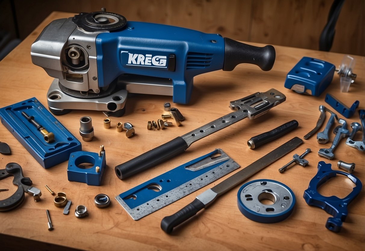 A workbench with the Kreg K4 Pocket Hole Jig System, surrounded by various DIY tools and materials