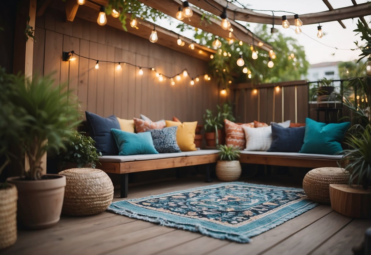 A cozy outdoor space with colorful cushions and throw blankets on a budget. A rug anchors the seating area, with potted plants and string lights adding warmth and ambiance