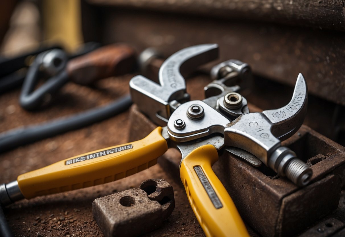 A pair of Irwin Vise-Grip locking pliers clamped onto a rusty bolt, with a toolbox in the background