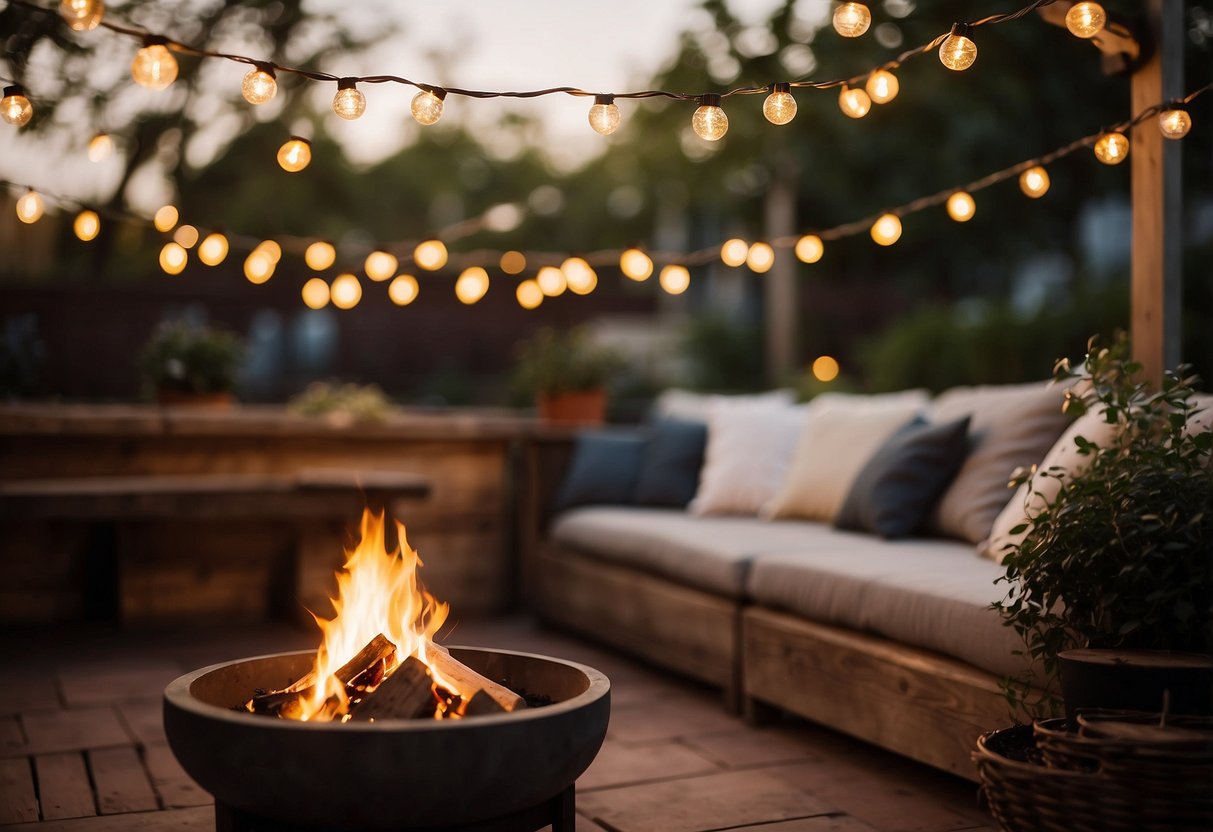 A string of warm, soft fairy lights hangs above a cozy outdoor seating area. A small fire pit radiates a gentle glow, casting a comforting ambiance over the space