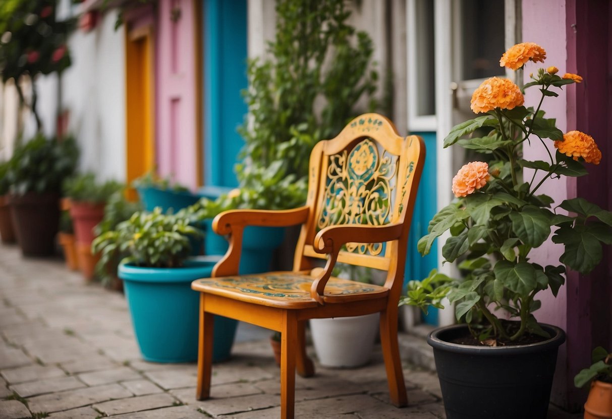 An old wooden chair painted in vibrant colors, with added decorative stencils and patterns. A potted plant sits on the seat, adding a touch of nature to the upcycled furniture