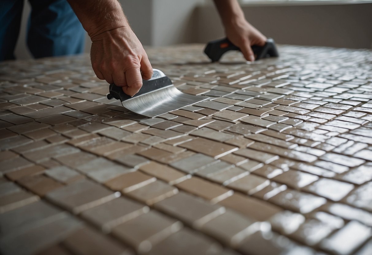 A hand holding a trowel spreads adhesive on a clean, level surface. Tiles are carefully arranged in a pattern, then pressed firmly into place. Grout is applied, filling in the spaces between the tiles