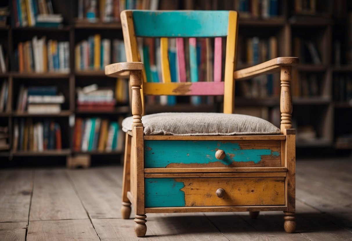 A worn-out chair is transformed with bright paint and new fabric. A stack of old drawers becomes a colorful bookshelf. Rustic pallets are turned into a stylish coffee table