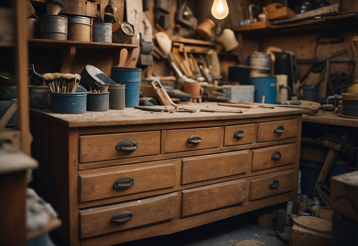 A worn-out dresser sits in a cluttered workshop. Sandpaper, paint cans, and brushes are scattered around. The dresser's surface is being sanded down, ready for a fresh coat of paint