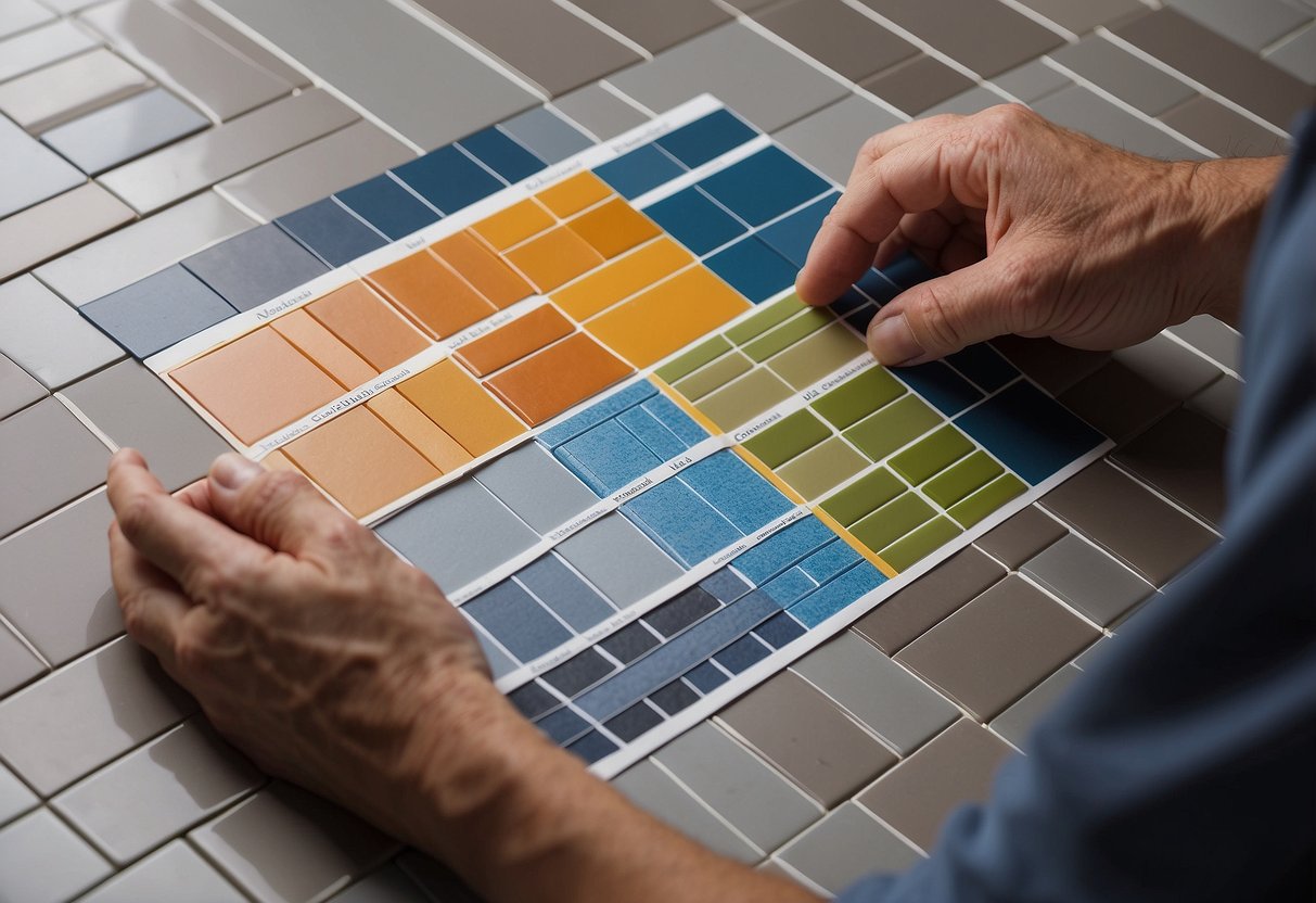 A hand holding a layout guide against a backsplash. Tiles are neatly arranged in a step-by-step process. Tools and materials are placed nearby