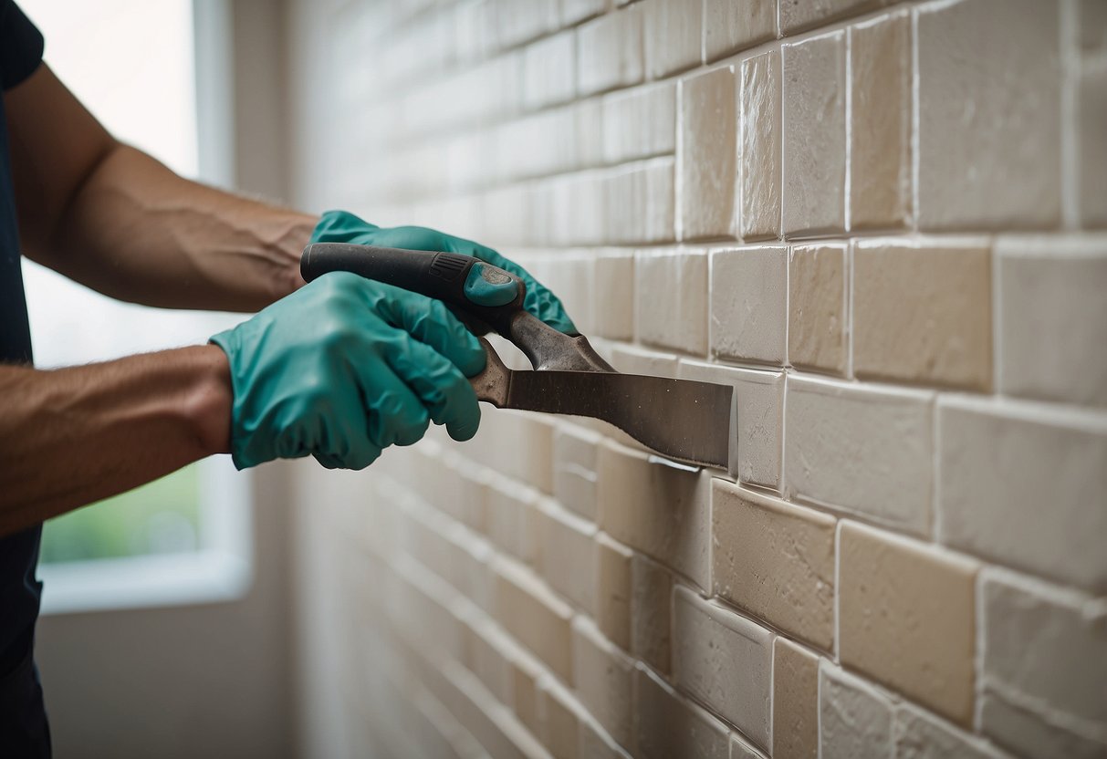 A hand holding a trowel spreads adhesive onto the wall. Another hand places a tile onto the adhesive, pressing firmly. Repeat process, creating a neat, uniform pattern