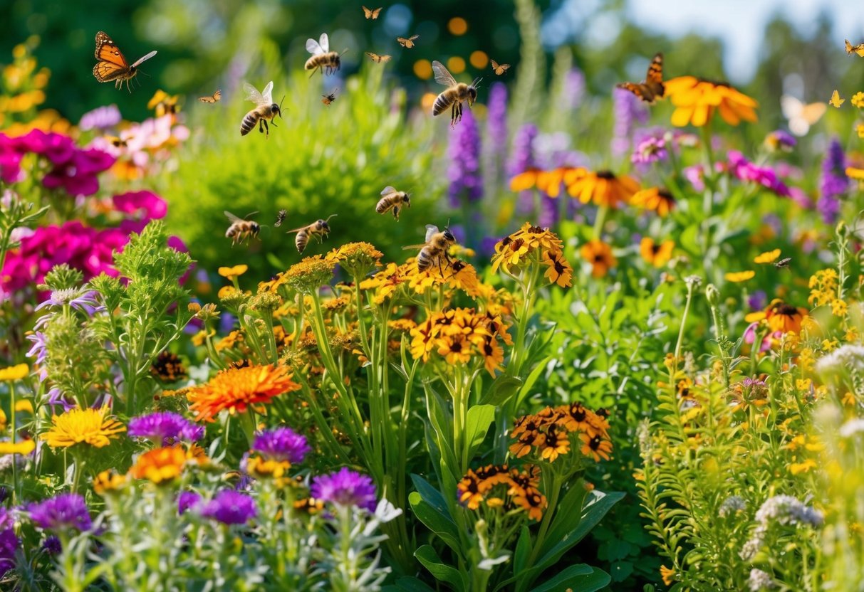 A vibrant garden bursting with colorful flowers, buzzing with bees, and fluttering with butterflies. A variety of native plants and wildflowers create a lush, pollinator-friendly oasis