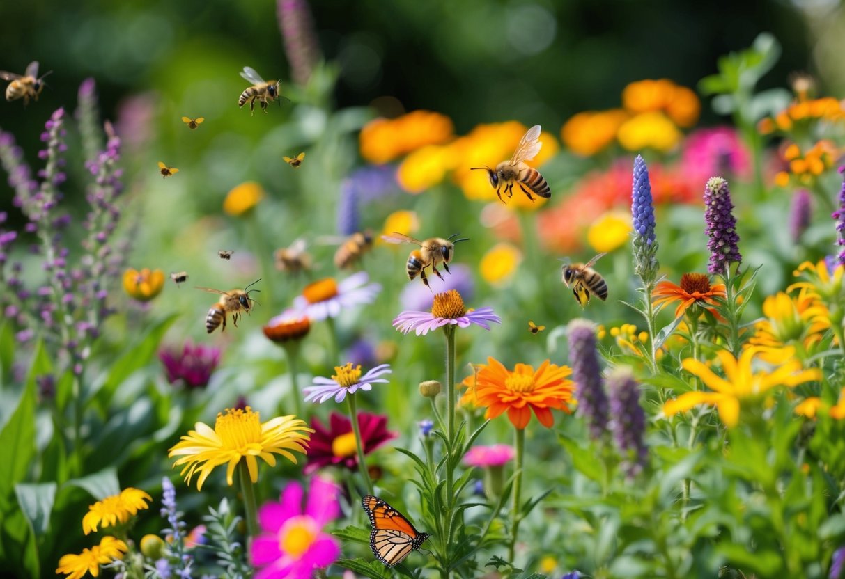 A garden with a variety of colorful flowers, including native plants, buzzing with bees, butterflies, and other pollinators