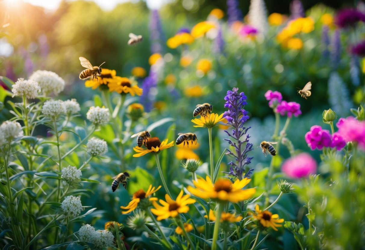 A vibrant garden with diverse native plants and flowers, attracting bees, butterflies, and other pollinators. No chemical pesticides or herbicides are used