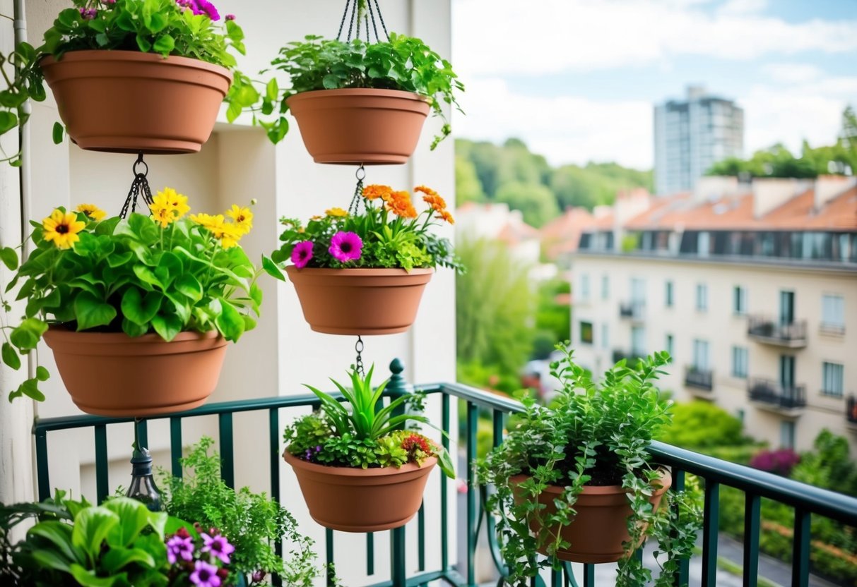 A small balcony with tiered planters hanging from the railing, filled with a variety of lush green plants and colorful flowers