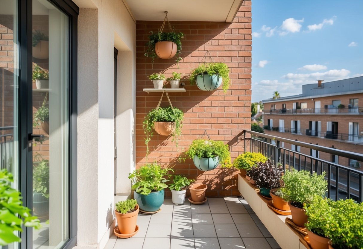 A sunny balcony with hanging planters, wall-mounted shelves, and potted plants against a brick wall