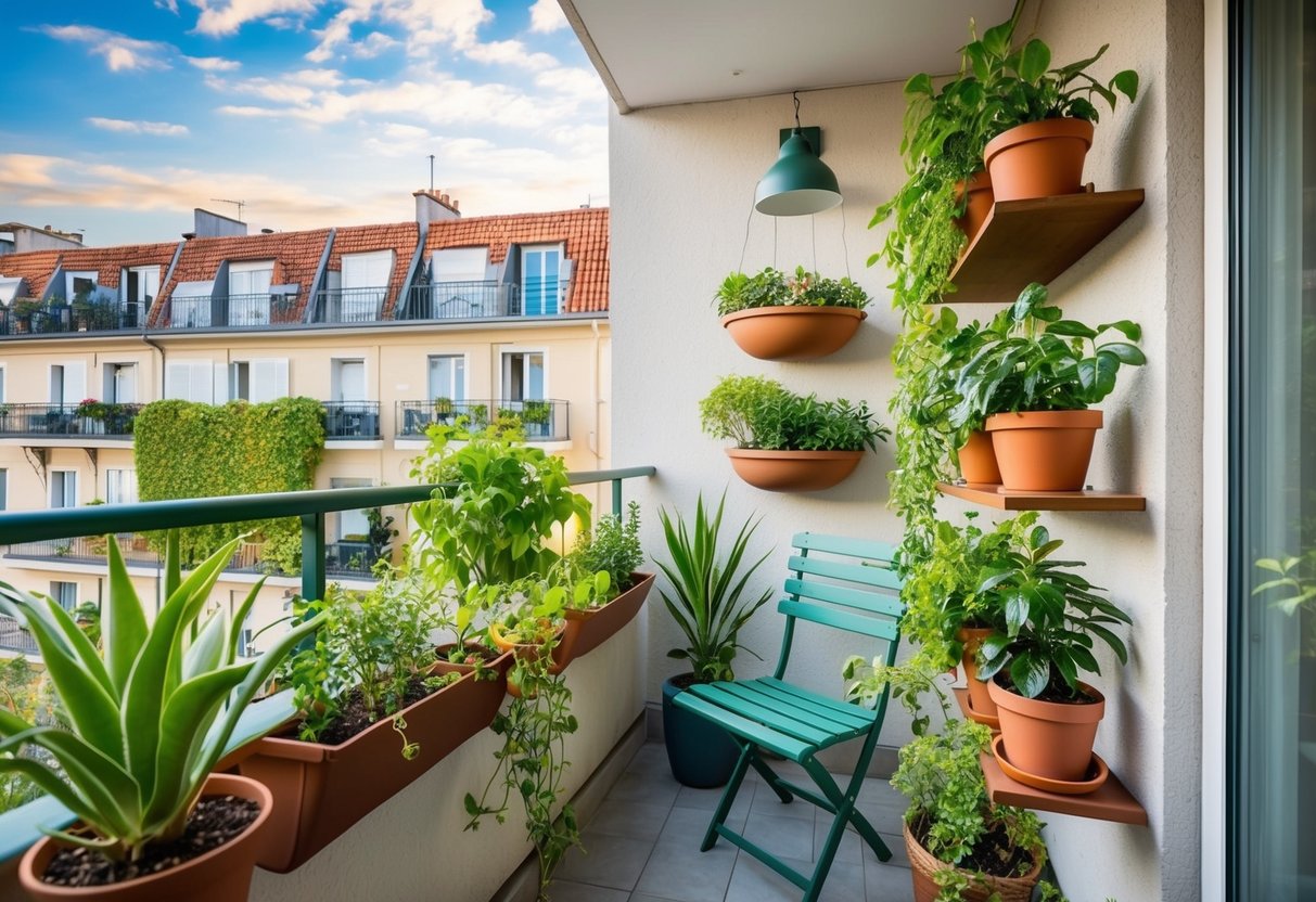 A small balcony with hanging planters, wall-mounted shelves, and potted plants creating a lush vertical garden