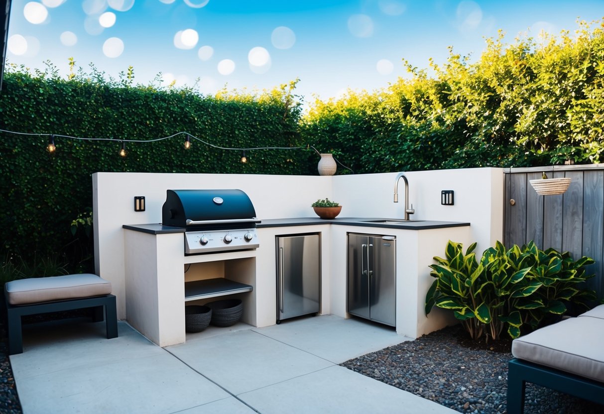 An outdoor kitchen with a simple design, featuring a grill, countertop, and storage shelves, surrounded by a lush garden and a cozy seating area