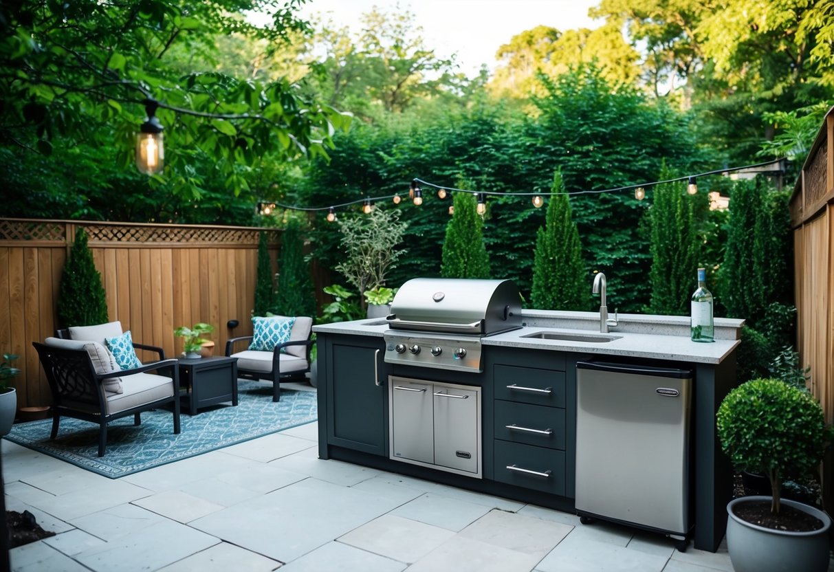 A backyard patio with a grill, sink, and mini-fridge surrounded by lush greenery and a cozy seating area