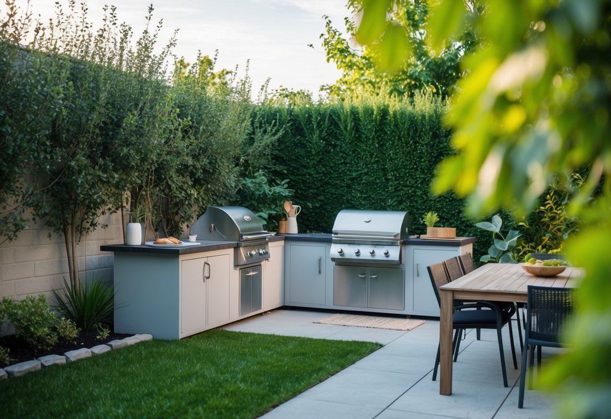 A backyard with a simple outdoor kitchen setup, including a grill, prep area, and dining space, surrounded by greenery and natural elements