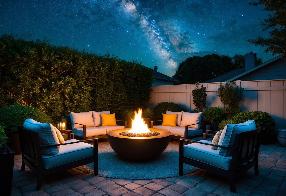 A cozy fire pit surrounded by comfortable seating, nestled in a lush backyard garden with soft lighting and a starry night sky above