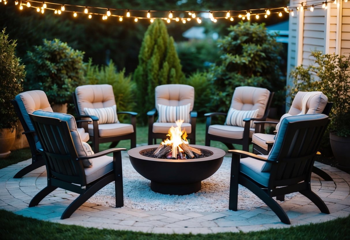 A group of comfortable outdoor chairs encircle a crackling fire pit, surrounded by soft lighting and lush greenery, creating a cozy and inviting atmosphere for a backyard gathering