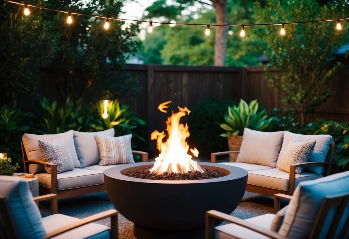 A cozy outdoor fire pit surrounded by comfortable seating, with soft lighting and lush greenery creating a warm and inviting ambiance for a relaxing backyard experience