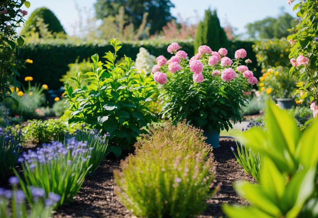 A garden with blooming flowers and lush greenery, transitioning through different seasons with changing weather and planting activities