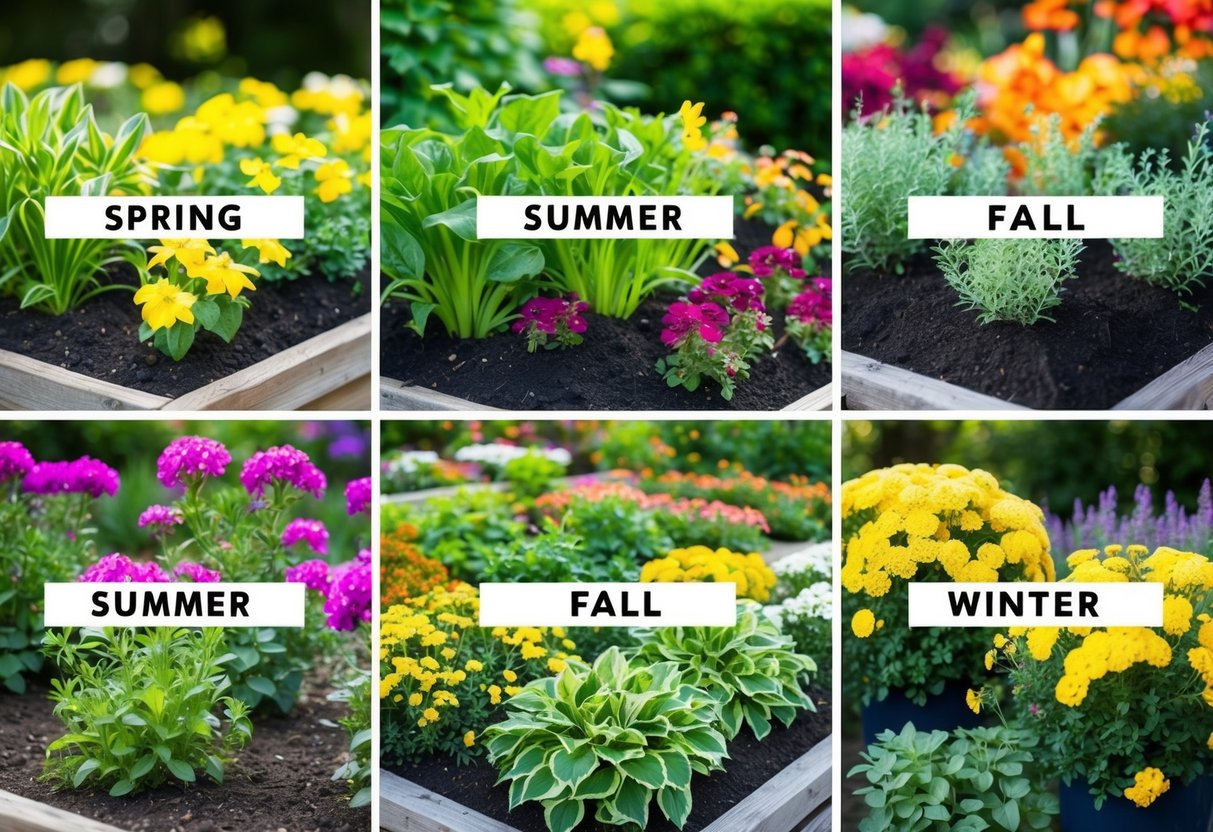 A garden with different sections for spring, summer, fall, and winter. Each section shows appropriate planting techniques and seasonal gardening tips