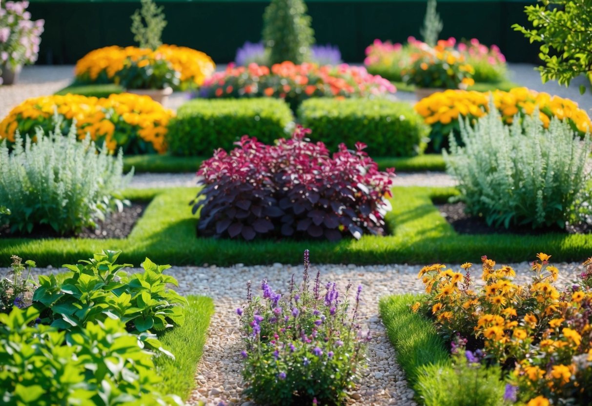 A garden with blooming flowers, lush greenery, and seasonal plants arranged in designated areas for spring, summer, fall, and winter