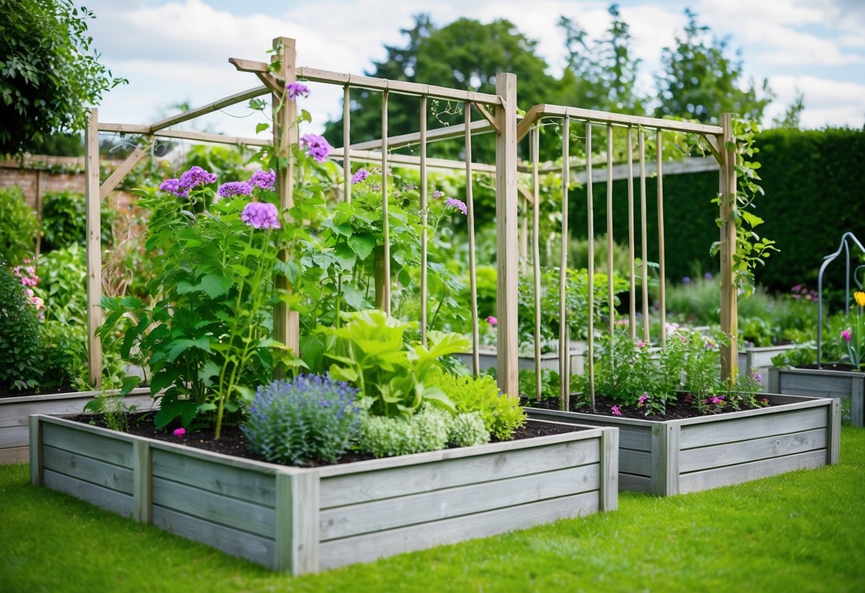 A lush garden with trellises climbing up the sides of raised beds, creating a charming and functional space for growing plants and flowers