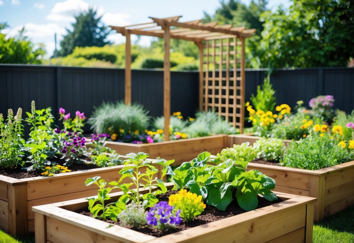 A sunny backyard with raised garden beds filled with a variety of vibrant plants and flowers. A trellis stands tall in the background, adding height and structure to the garden space