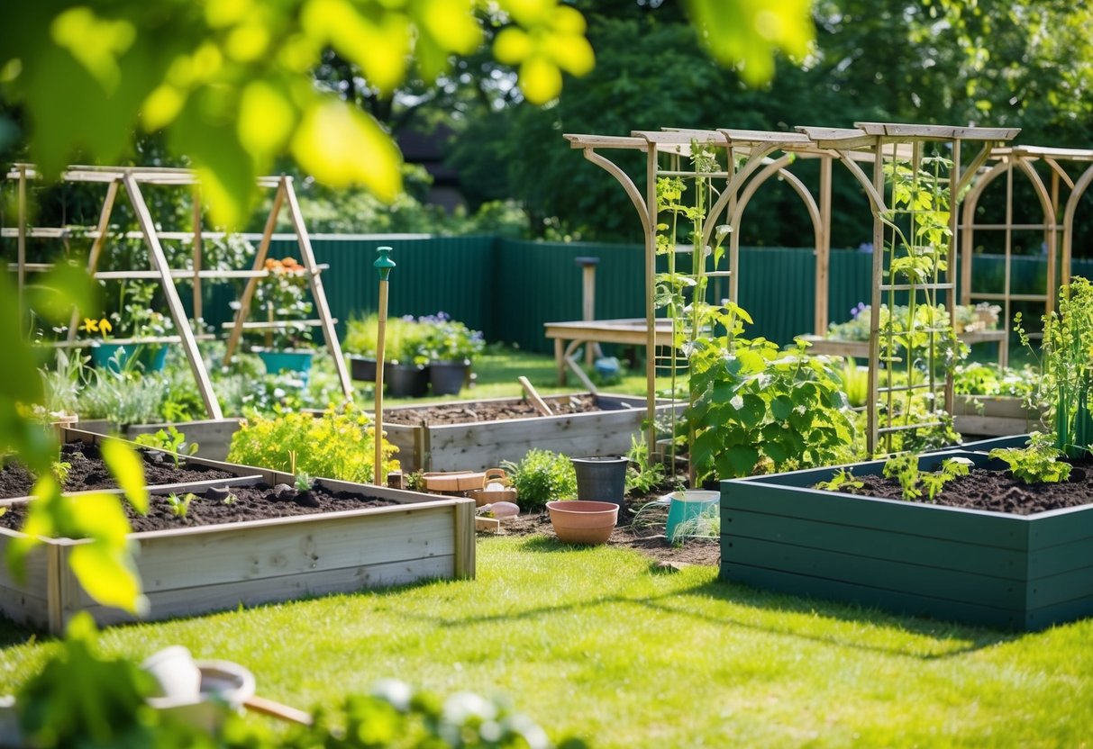 A sunny garden with trellises, raised beds, and various tools and materials scattered around for DIY garden structures