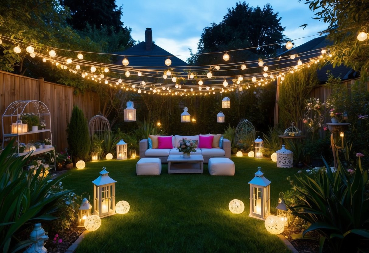 A backyard filled with twinkling string lights, lanterns, and glowing orbs scattered among lush greenery and whimsical garden decorations