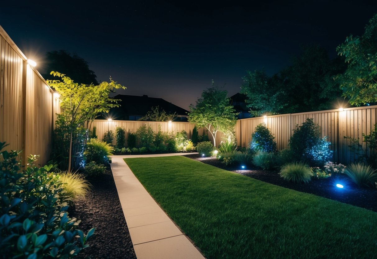 A backyard garden at night, illuminated by spot and pathway lighting, casting a magical ambiance on the landscape and accentuating its features