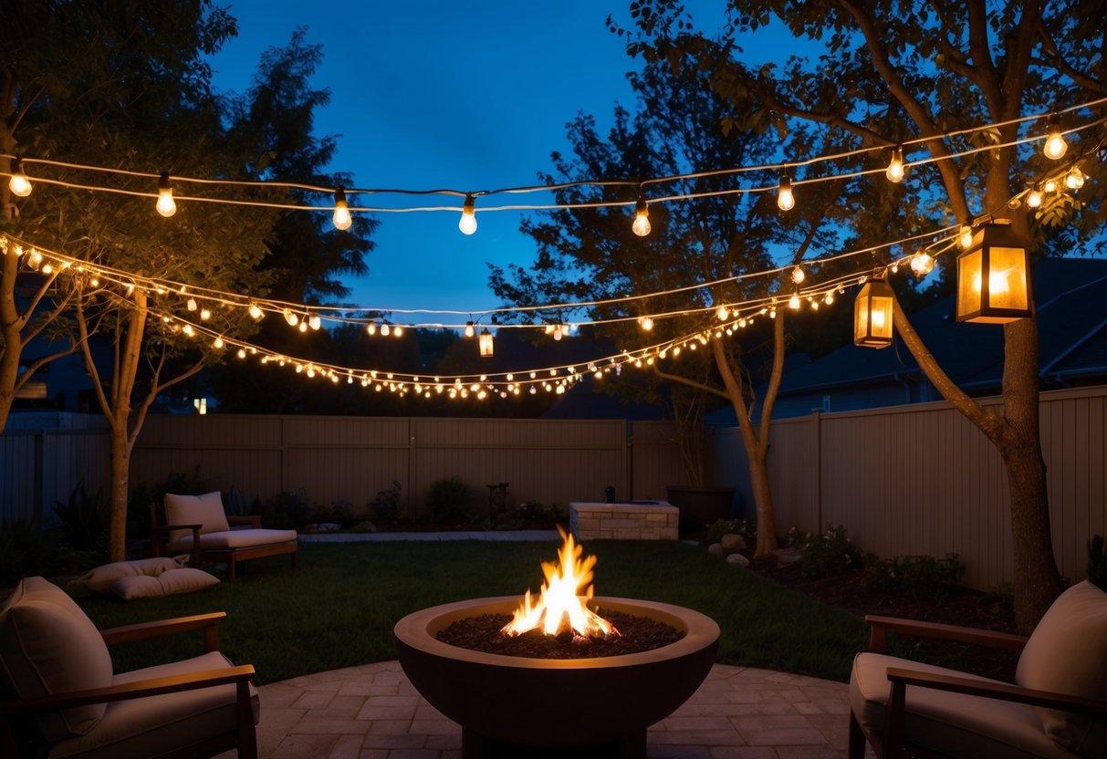 A backyard at dusk with warm string lights draped over trees, lanterns hanging from branches, and a fire pit casting a soft glow