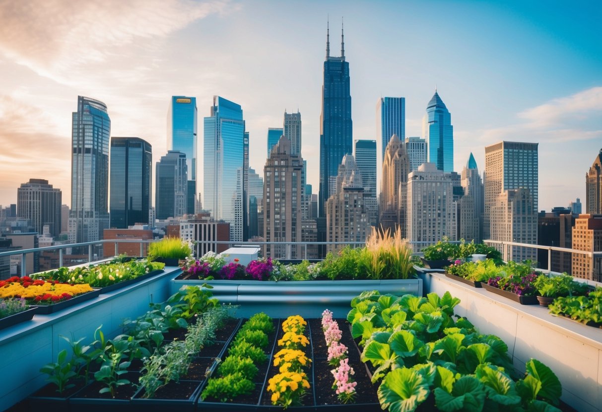 A bustling city skyline with skyscrapers in the background, and a rooftop garden filled with vibrant plants, flowers, and small vegetable patches