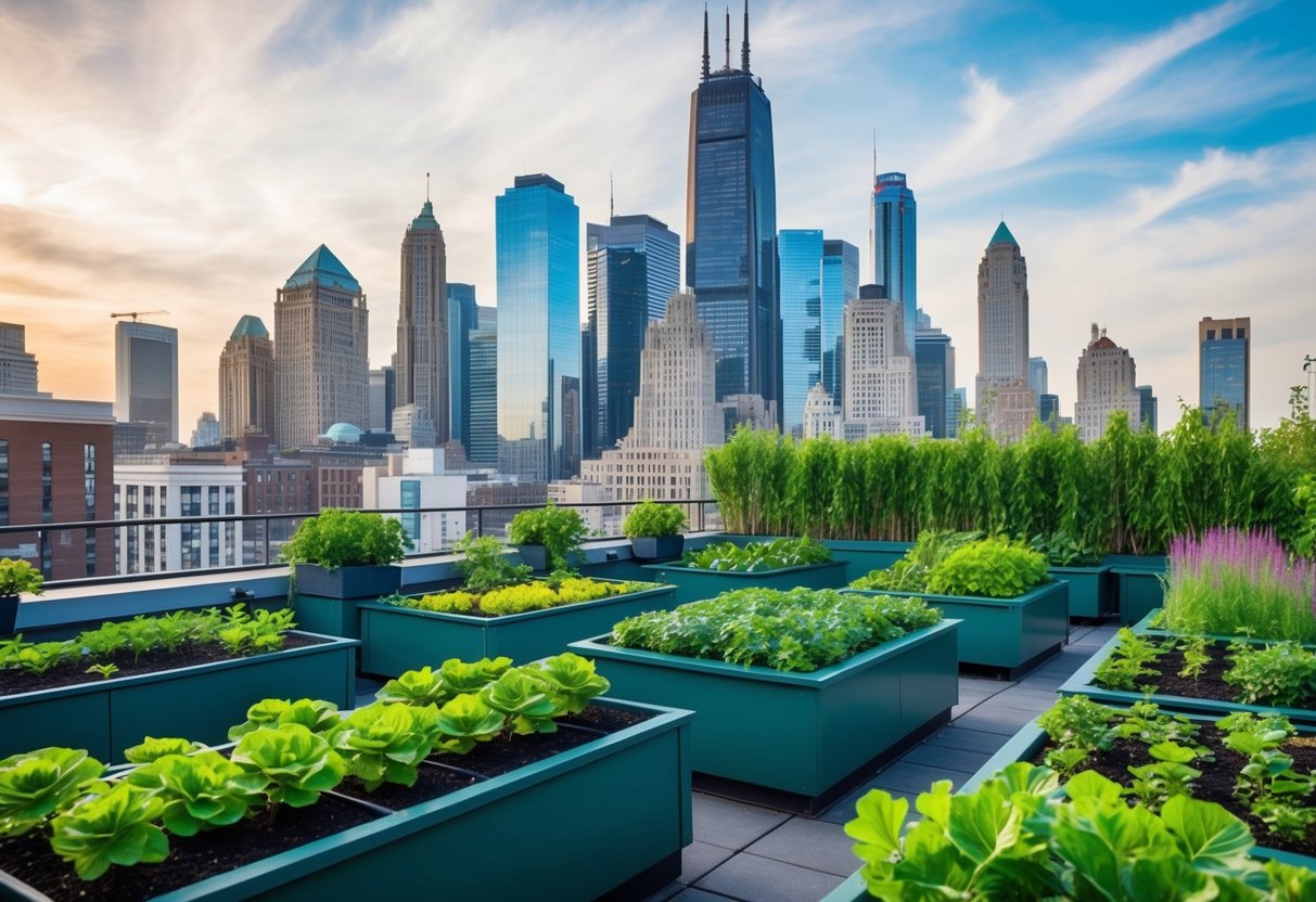 A bustling city skyline with a rooftop garden filled with lush green plants, raised beds, and efficient use of space and resources