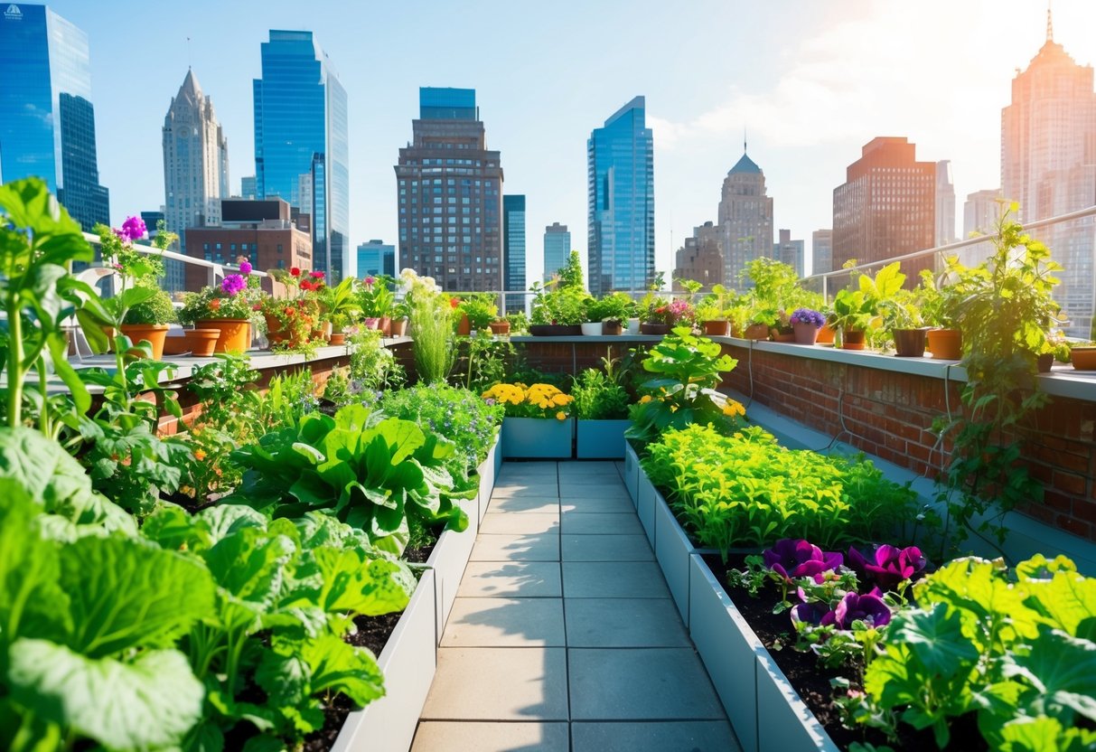 A vibrant rooftop garden in the heart of the city, filled with lush greenery, colorful flowers, and thriving vegetable plants. The sun is shining, and the skyline provides a backdrop to this urban oasis