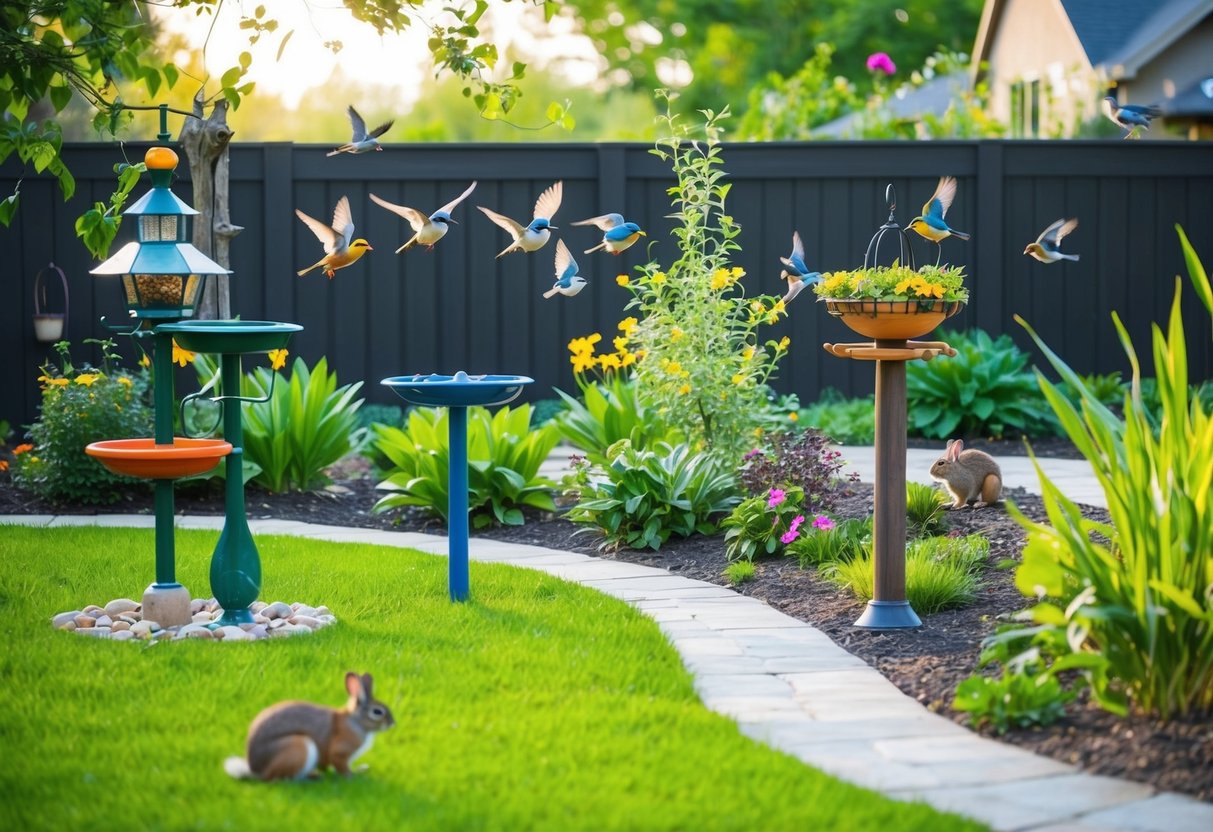 A lush backyard with a variety of bird feeders, birdbaths, and native plants. Colorful birds flutter around, while squirrels and rabbits roam the grassy area