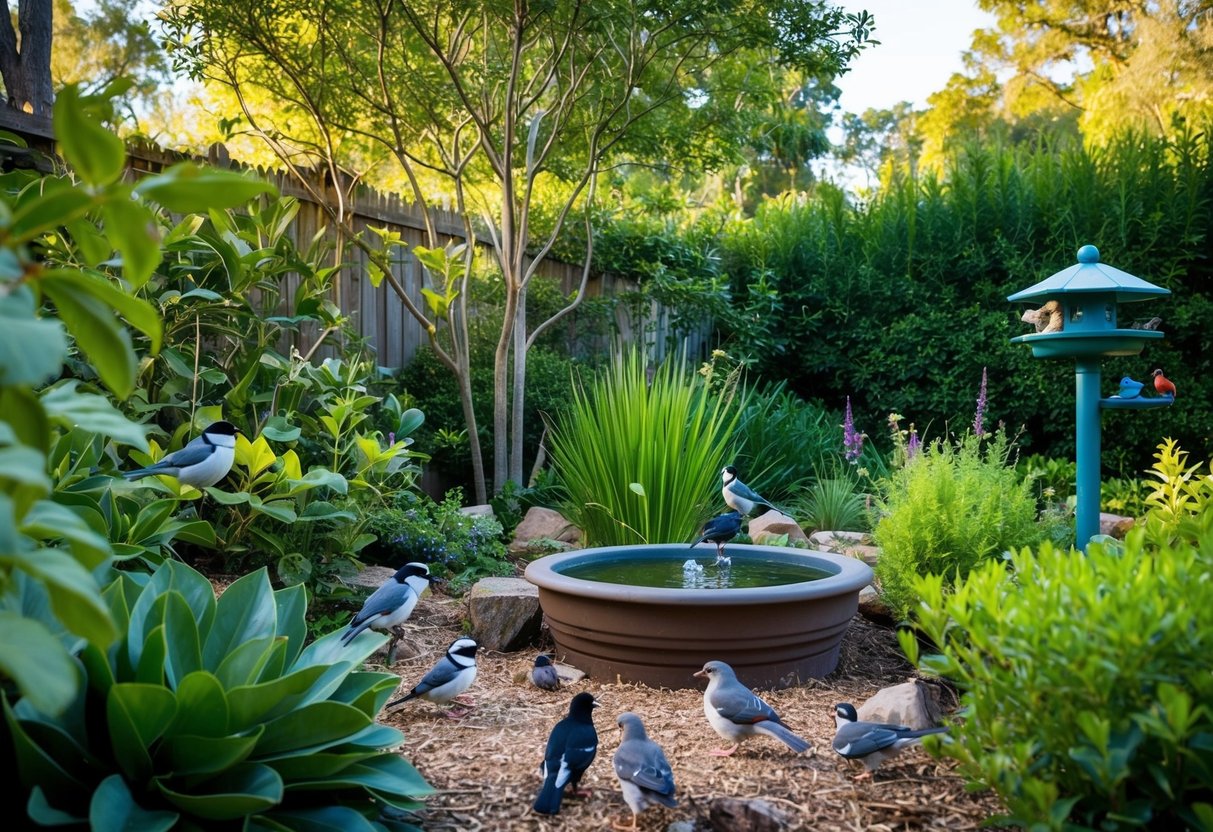 A lush backyard with native plants, a birdbath, and feeders surrounded by trees and shrubs. Birds of various species are perched, feeding, and bathing